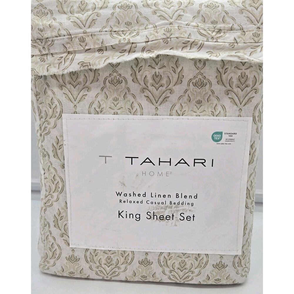 Tahari KING Washed Linen Blend Sheet 4pc Soft Gold White SHABBY CHIC NEW COTTAG
